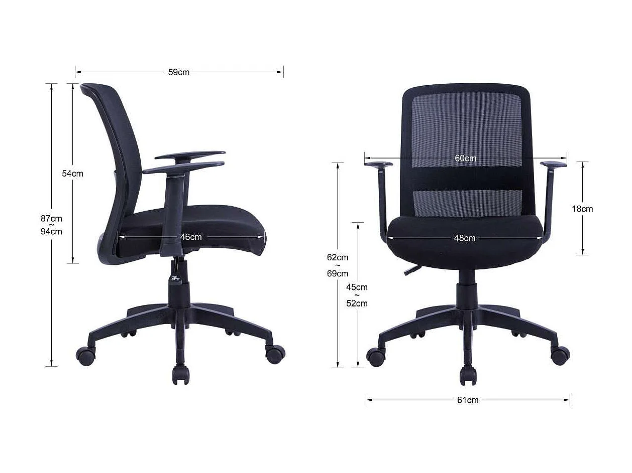 Silla despacho giratoria elevable acabado negro, 61m(ancho) 87/94cm(altura) 59cm(fondo)