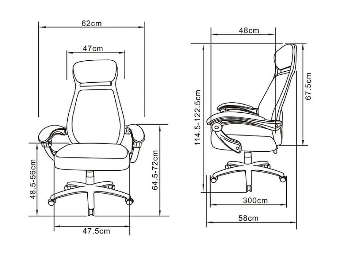 Silla de oficina Erika en negro. Alto: 114,5-122,5, Ancho: 62, Fondo: 58.