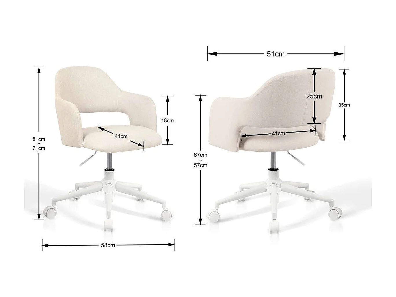 Silla despacho giratoria elevable acabado beige claro, 58m(ancho) 71/81cm(altura) 58cm(fon