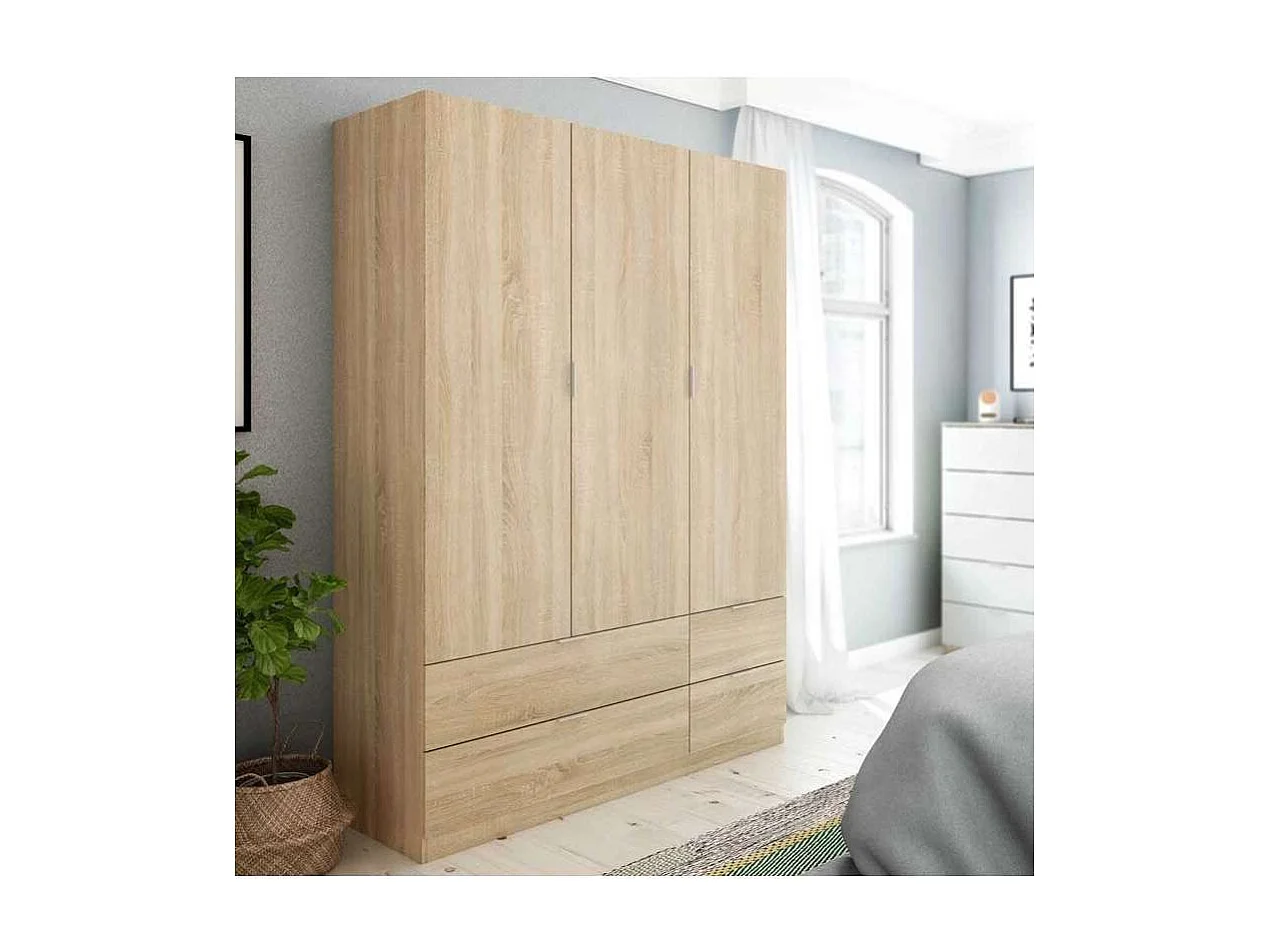 Armario 3 puertas abatibles 4 cajones acabado roble. 200cm(alto). 135cm(ancho). 52cm(fondo