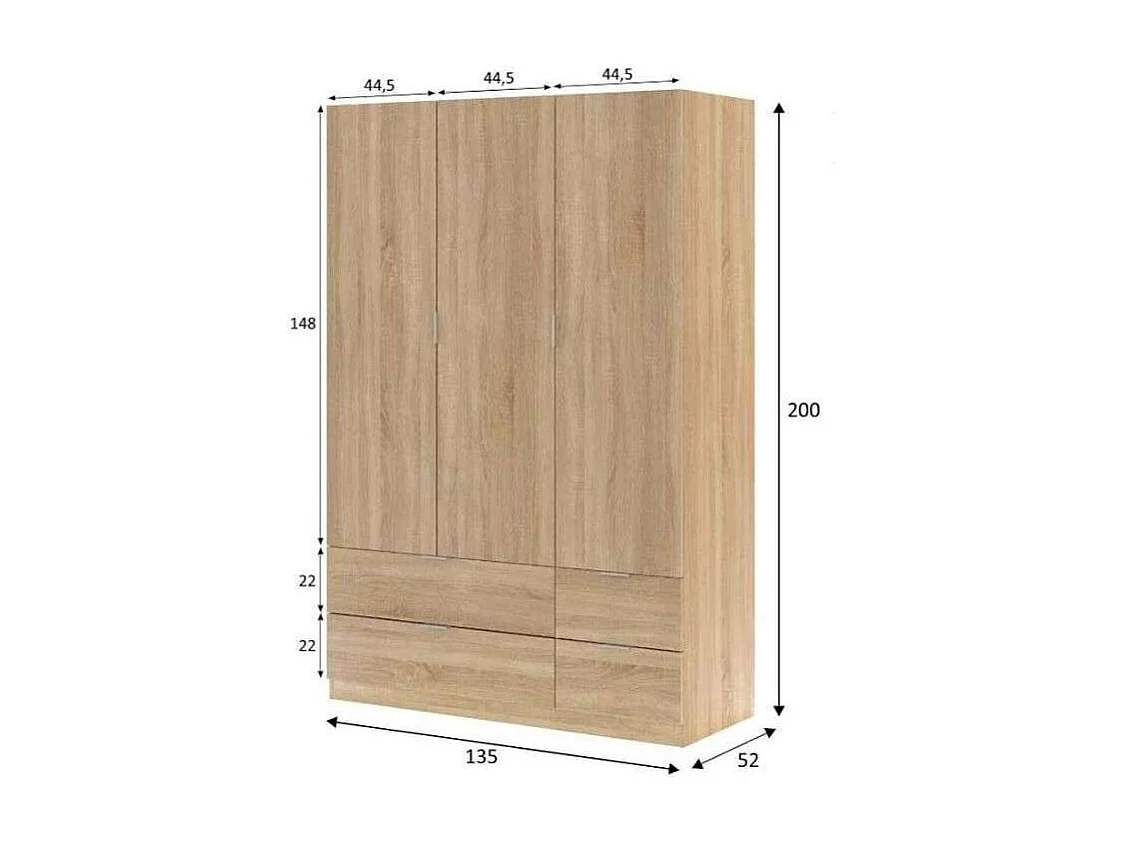 Armario 3 puertas abatibles 4 cajones acabado roble. 200cm(alto). 135cm(ancho). 52cm(fondo