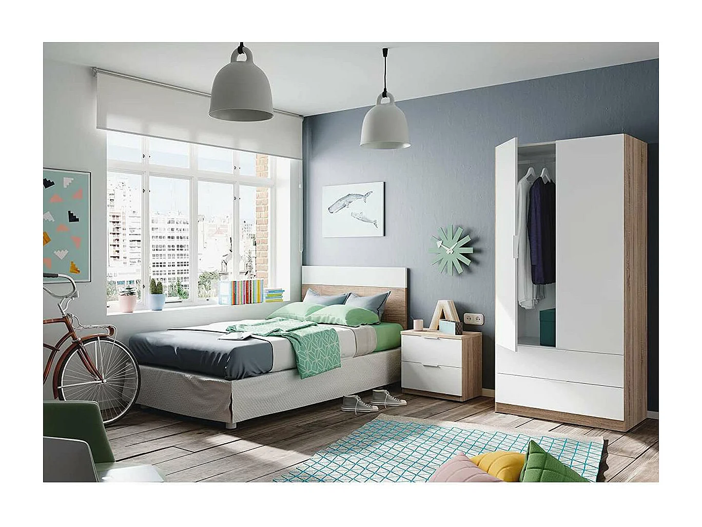 Armario ropero Berta 2 puertas 2 cajones acabado blanco/roble, 180 cm(alto)81 cm(ancho)52