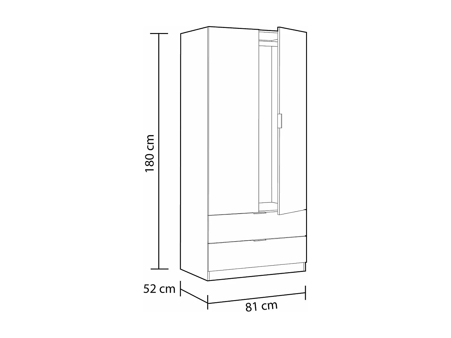 Armario ropero Berta 2 puertas 2 cajones acabado blanco/roble, 180 cm(alto)81 cm(ancho)52