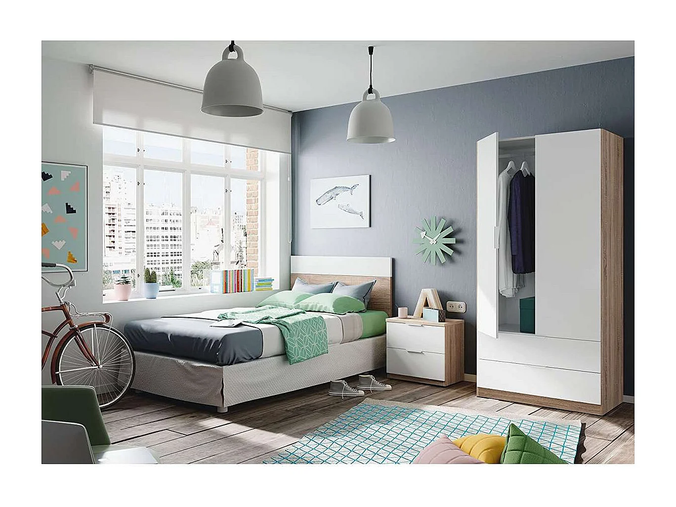 Armario ropero Berta 2 puertas 2 cajones acabado blanco/roble, 180 cm(alto)81 cm(ancho)52