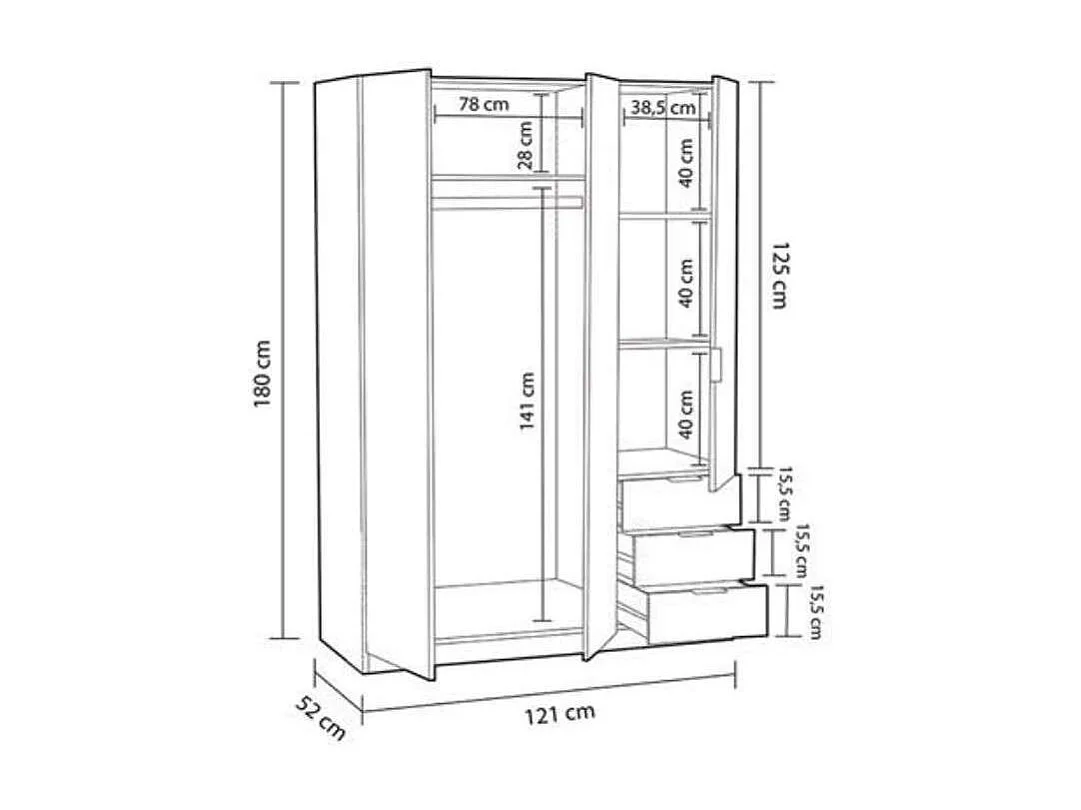 Armario 3 puertas abatibles 3 cajones acabado roble/oxido. 180cm(alto). 121cm(ancho). 52cm