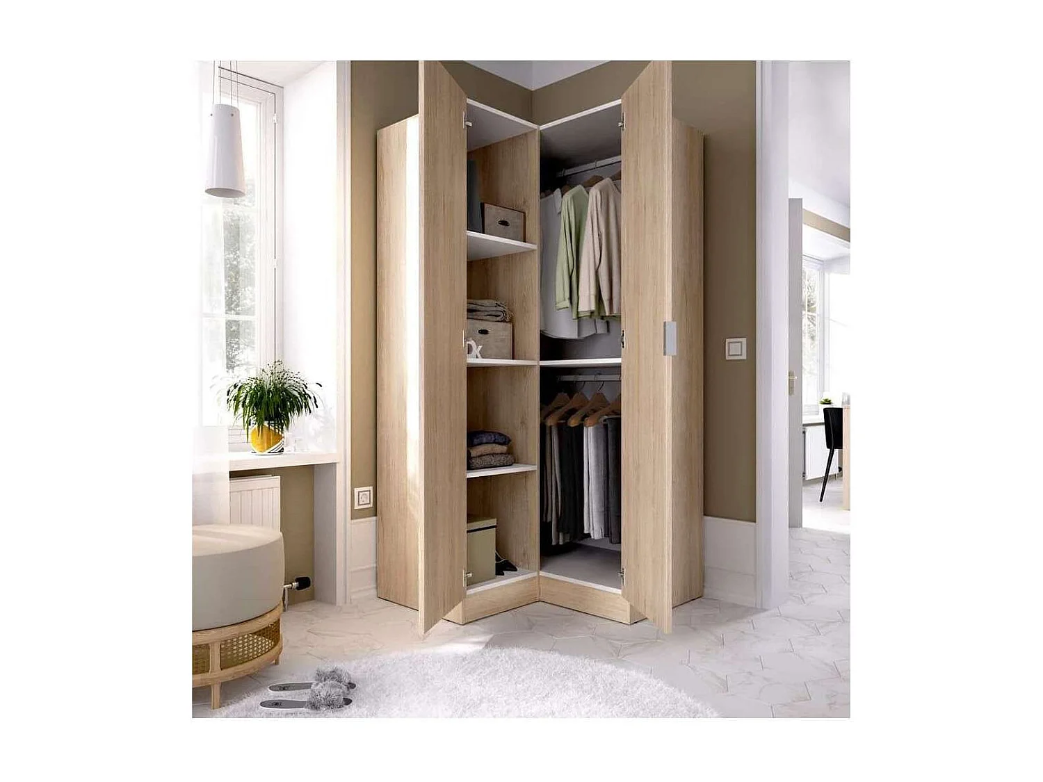 Armario ropero rincón puertas abatibles Jaén acabado natural, 184 cm(alto)90.5 cm(ancho)