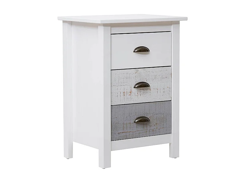 ROSALIA - Chevet 3 Tiroirs Bois Aspect Vieilli Blanc et Grisé