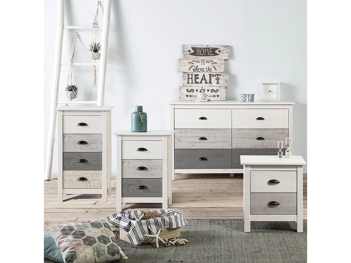 ROSALIA - Chevet 3 Tiroirs Bois Aspect Vieilli Blanc et Grisé