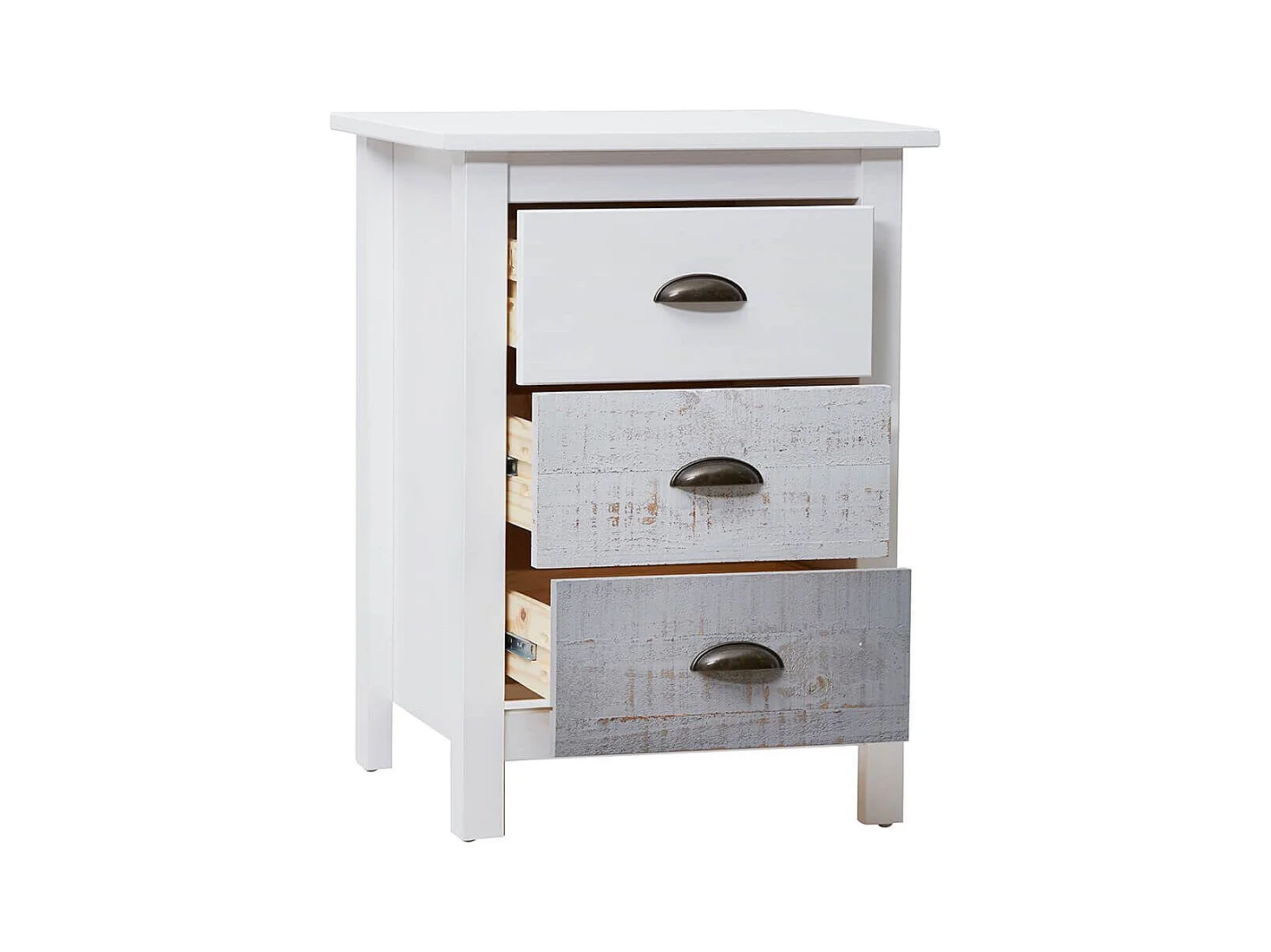 ROSALIA - Chevet 3 Tiroirs Bois Aspect Vieilli Blanc et Grisé
