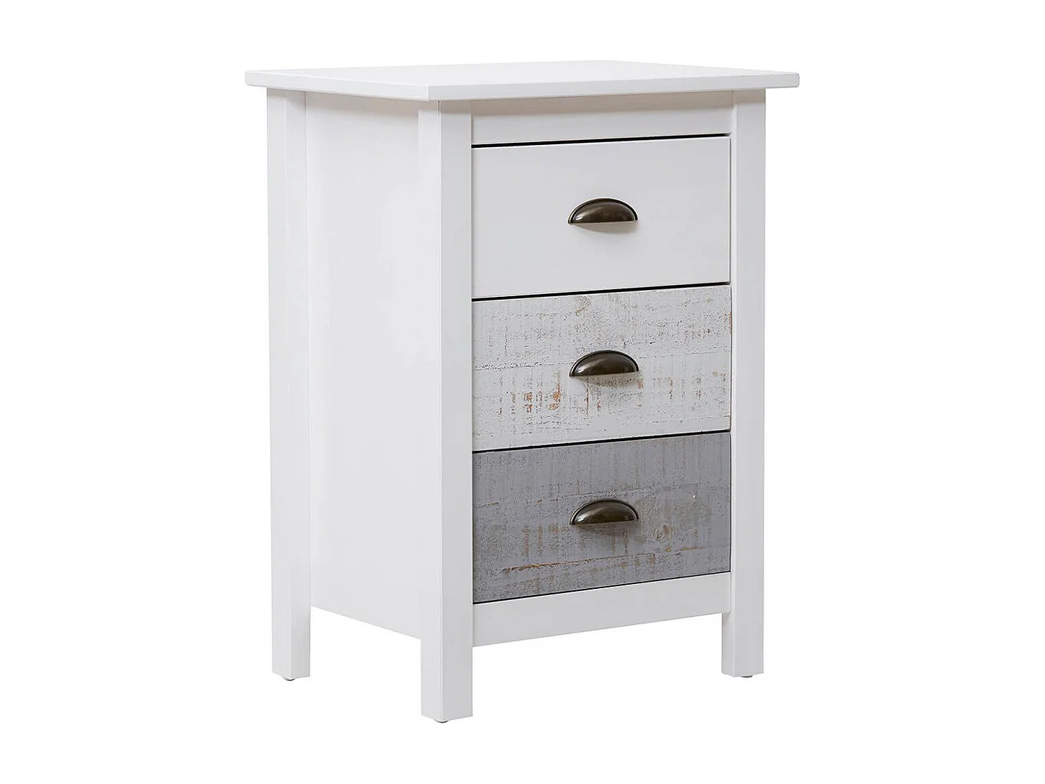 ROSALIA - Chevet 3 Tiroirs Bois Aspect Vieilli Blanc et Grisé