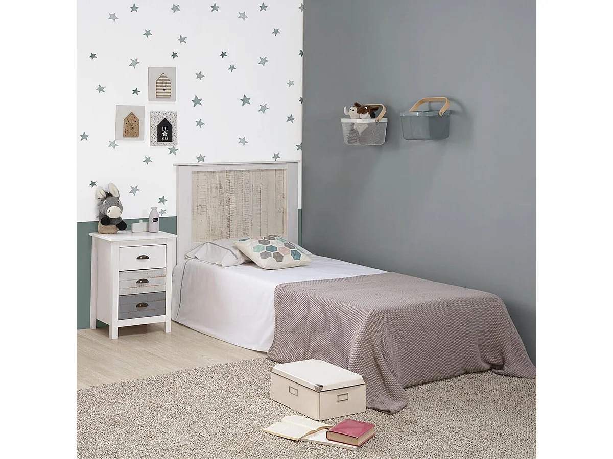 ROSALIA - Chevet 3 Tiroirs Bois Aspect Vieilli Blanc et Grisé