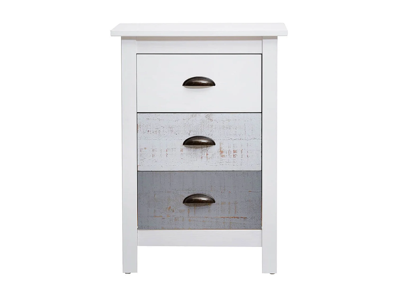 ROSALIA - Chevet 3 Tiroirs Bois Aspect Vieilli Blanc et Grisé