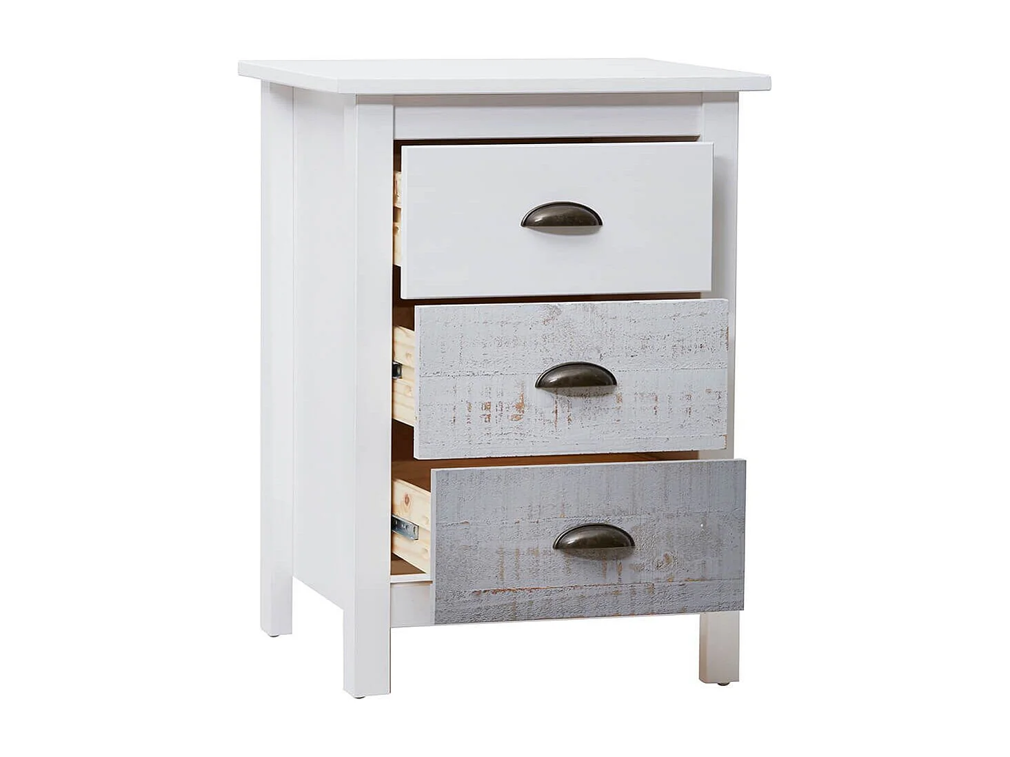 ROSALIA - Chevet 3 Tiroirs Bois Aspect Vieilli Blanc et Grisé