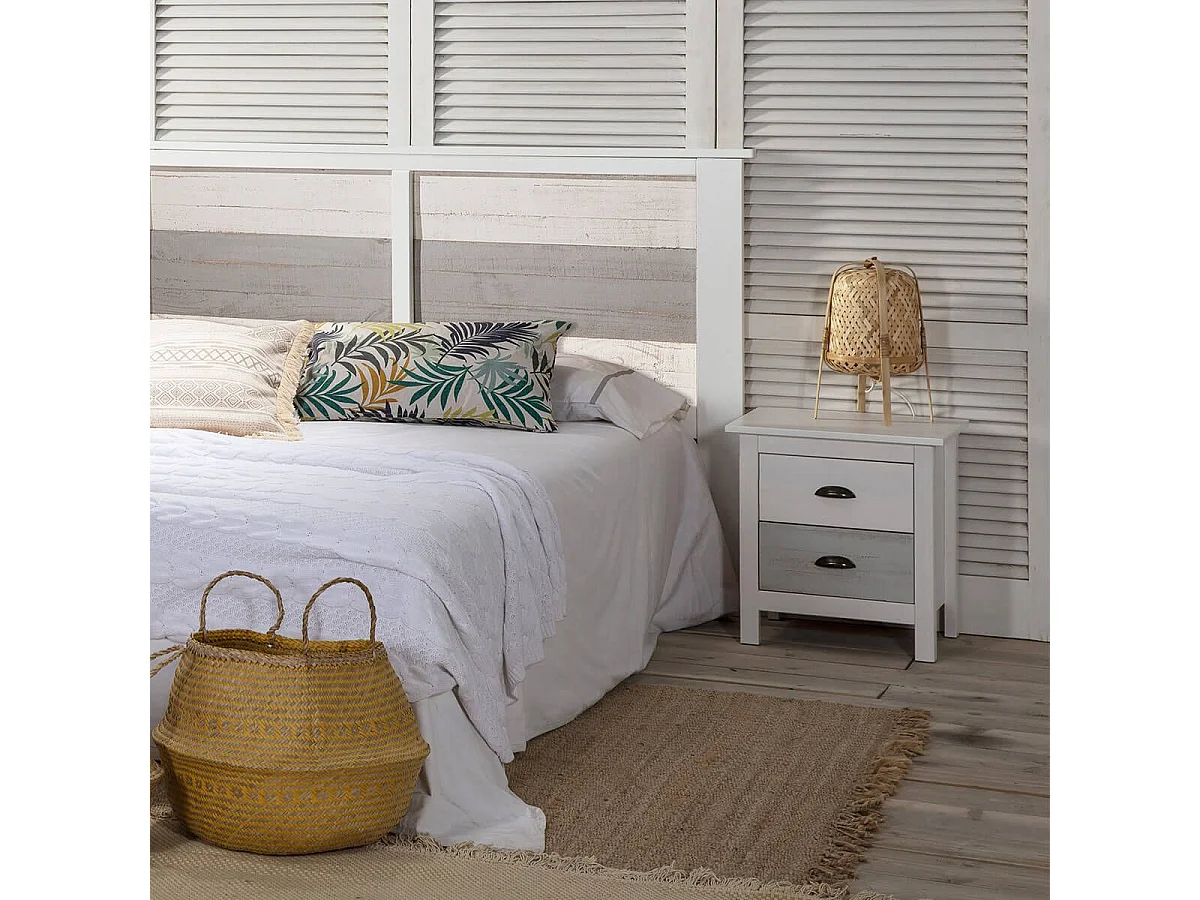 ROSALIA - Chevet 2 Tiroirs Bois Aspect Vieilli Blanc et Grisé