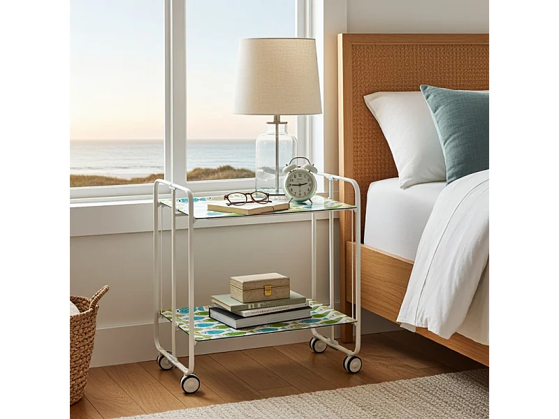 Carrito auxiliar plegable con ruedas - Estructura metálica blanca, 2 estantes laminados Decorado Peces verdes y azules – 72*66*43 cm - BAUHAUS