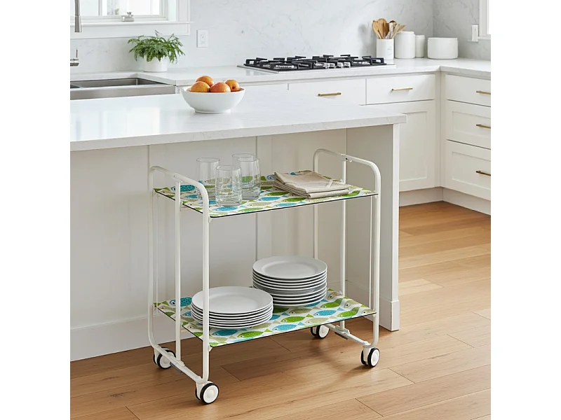 Carrello pieghevole con ruote - Struttura in metallo bianco,2 ripiani in laminato Disegno Pesci verdi e blu - 72*66*43 cm - BAUHAUS