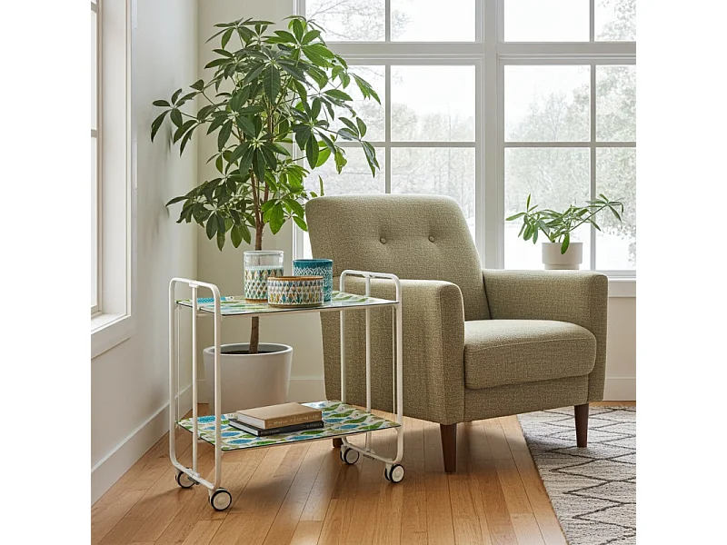 Carrello pieghevole con ruote - Struttura in metallo bianco,2 ripiani in laminato Disegno Pesci verdi e blu - 72*66*43 cm - BAUHAUS