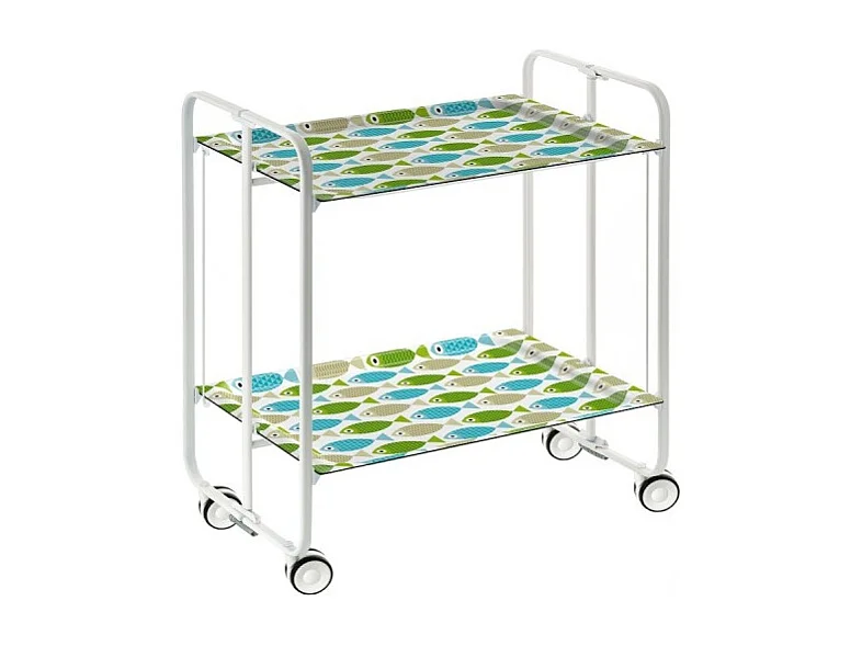 Chariot pliant à roulettes, desserte - Structure métallique blanche, 2 niveaux en stratifié motif Poissons verts et bleus  - 72*66*43 cm - BAUHAUS