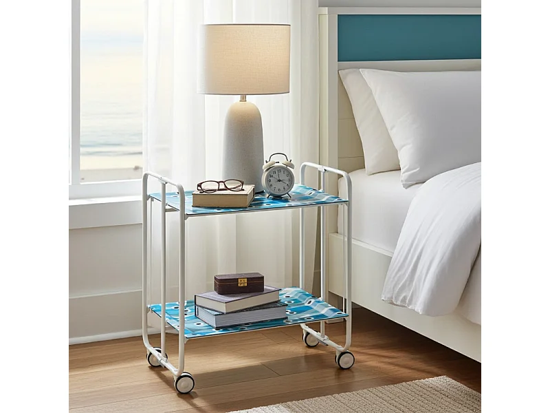 Carrito auxiliar plegable con ruedas - Estructura metálica blanca, 2 estantes laminados Decorado Peces azules – 72*66*43 cm - BAUHAUS