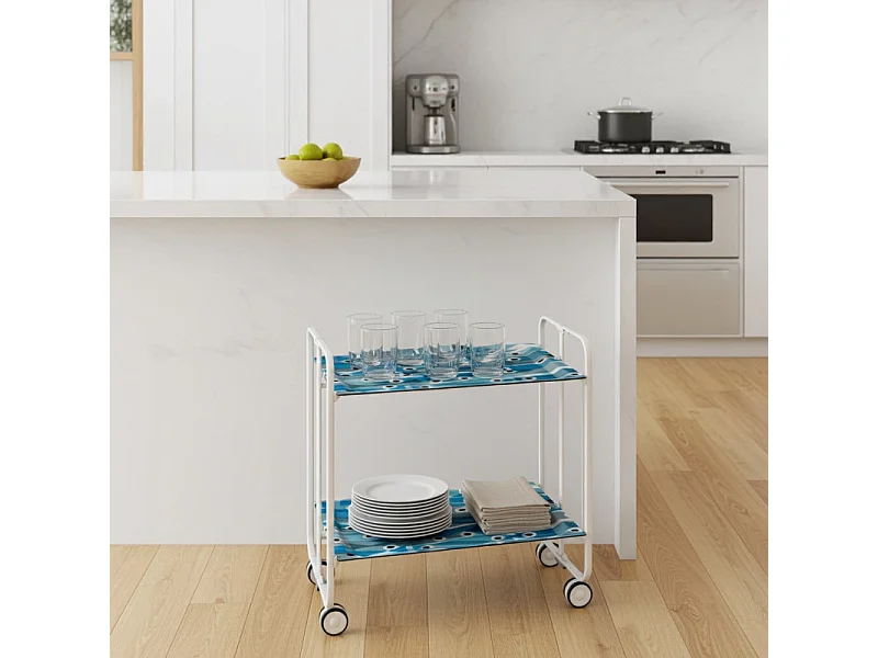 Carrito auxiliar plegable con ruedas - Estructura metálica blanca, 2 estantes laminados Decorado Peces azules – 72*66*43 cm - BAUHAUS