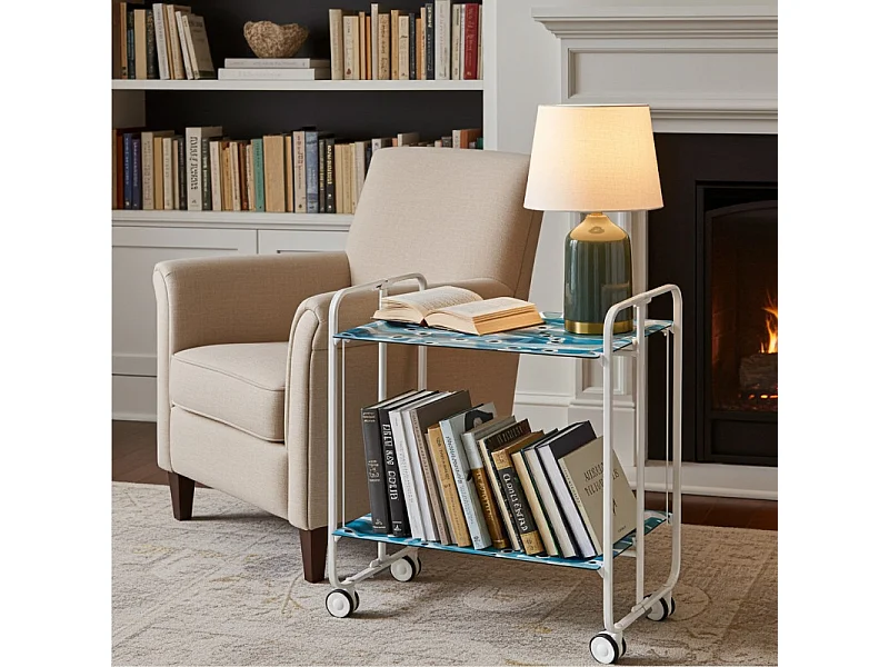Carrito auxiliar plegable con ruedas - Estructura metálica blanca, 2 estantes laminados Decorado Peces azules – 72*66*43 cm - BAUHAUS