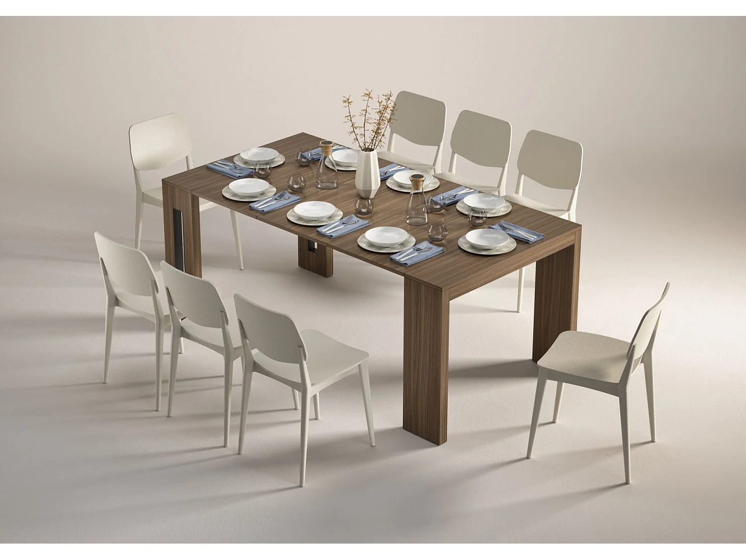 Ausziehbarer Esstisch - 3 Einlegeplatten - Nussbaum-Optik - 44 - 186 cm - ROMA