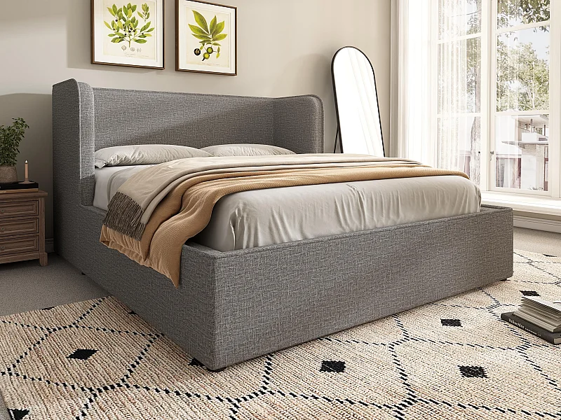 Cama contenedor tapizada 160×200cm con cabecero ancho - tela de lino - con somier de láminas - Gris
