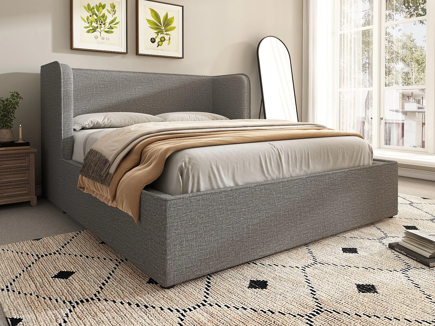 Cama contenedor tapizada 160×200cm con cabecero ancho - tela de lino - con somier de láminas - Gris