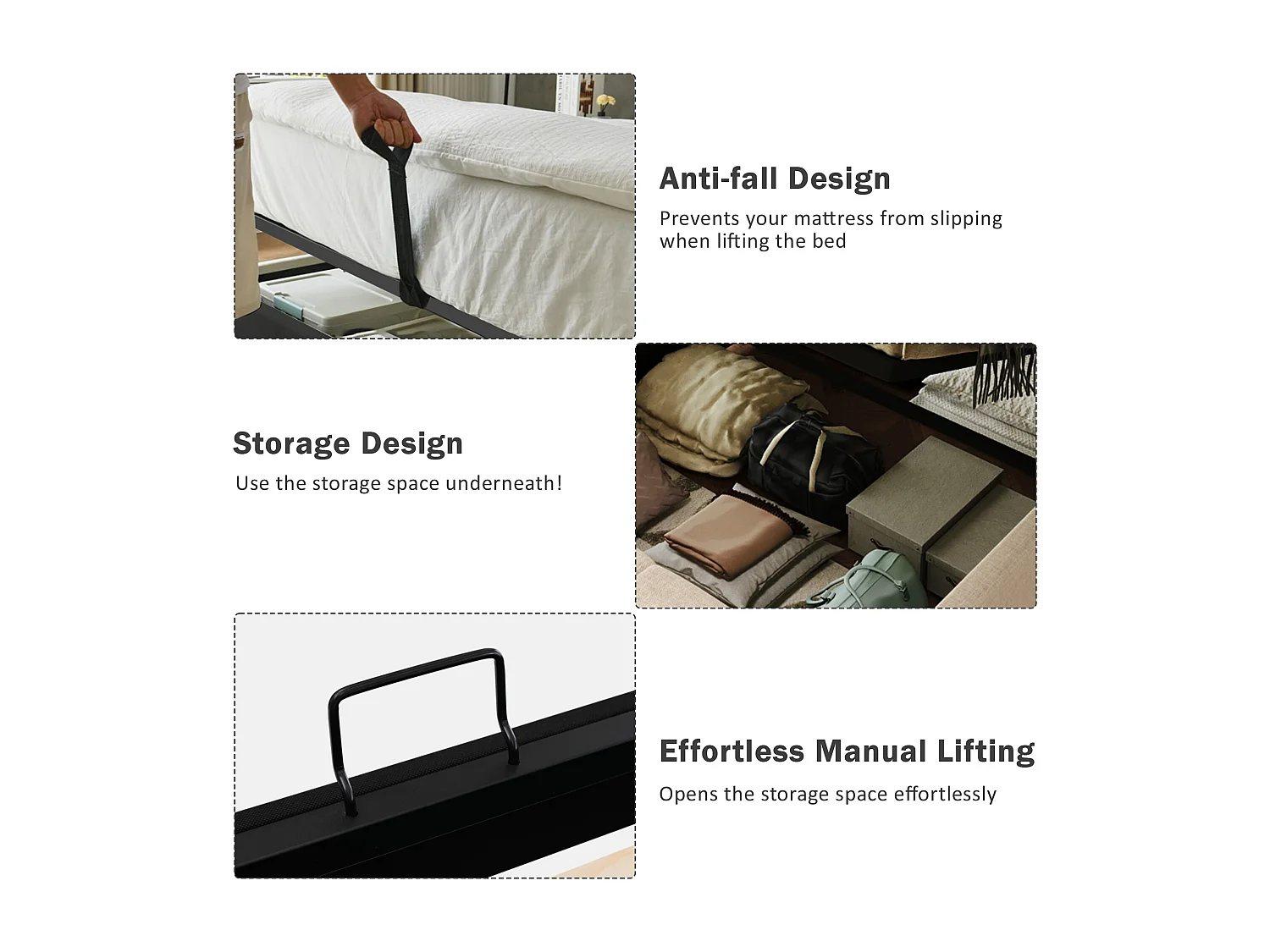 Cama contenedor tapizada 160×200cm con cabecero ancho - tela de lino - con somier de láminas - Gris