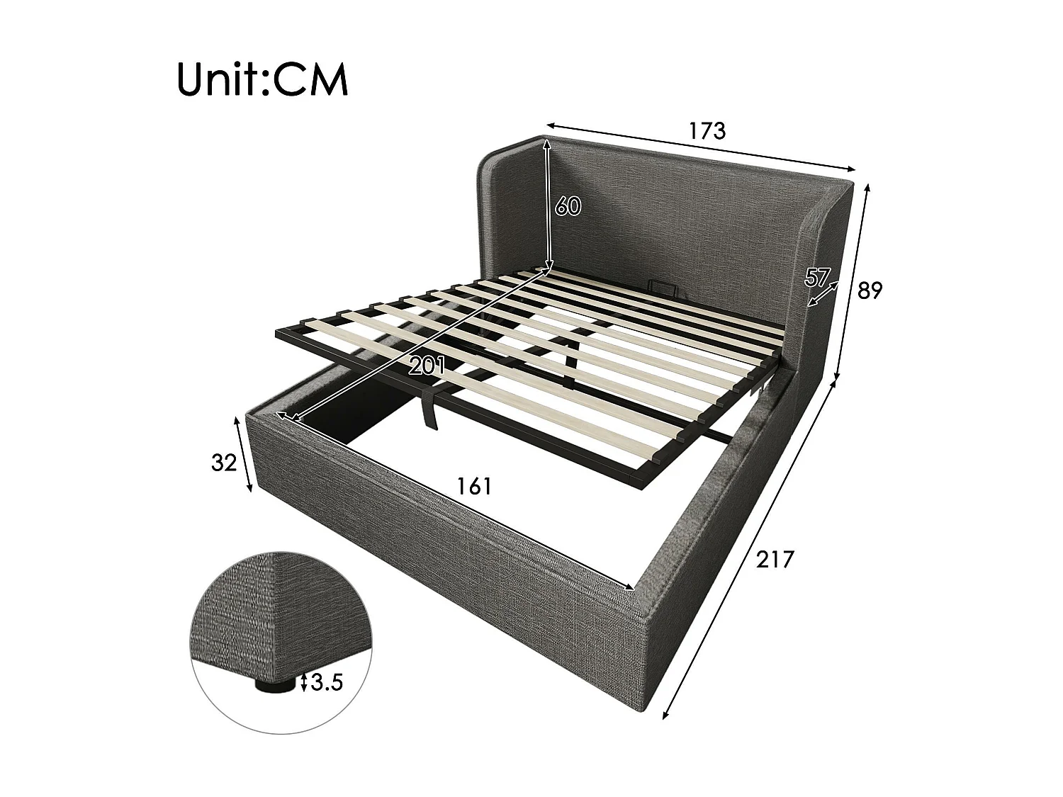 Lit cofffre capitonné 160×200cm avec tête de lit large - tissu en liin - avec sommier à lattes - Gris