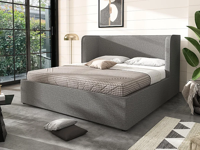 Cama contenedor tapizada 180×200cm con cabecero ancho - tela de lino - con somier de láminas - Gris