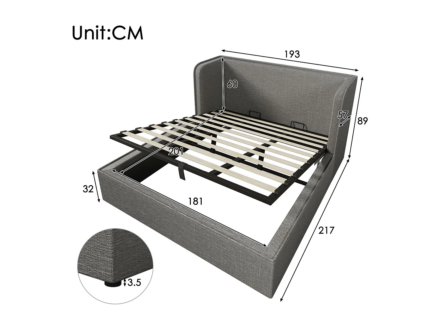 Letto contenitore imbottito 180×200 cm con testiera ampia - tessuto di lino - con rete a doghe - Grigio