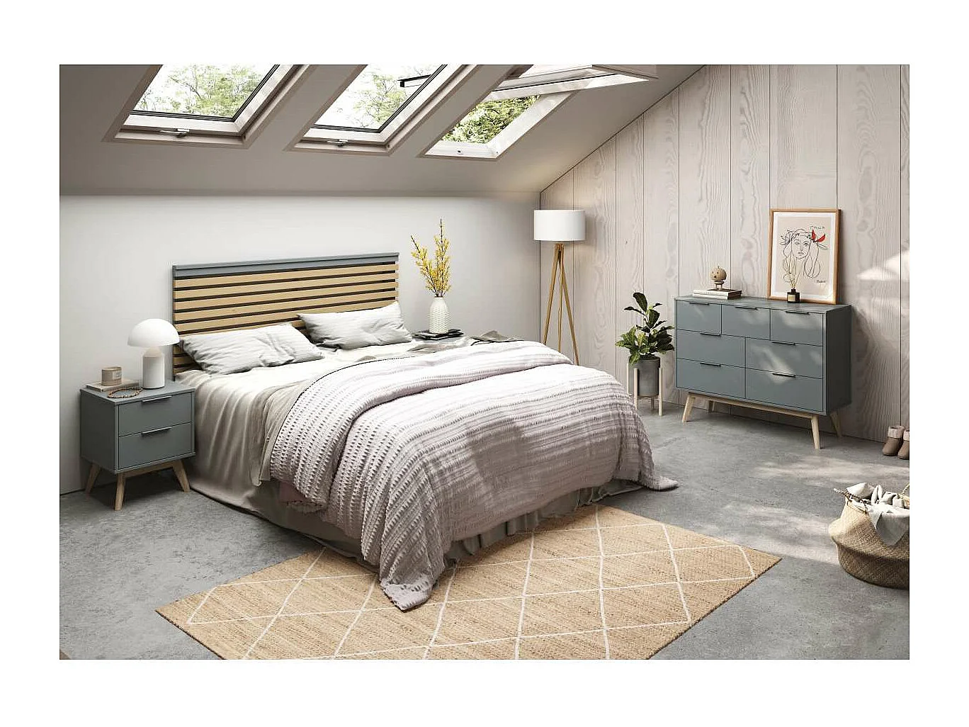 Cabecero para cama matrimonio Estela acabado verde kaki/cera blanca, fondo: 5cm  Ancho: 16