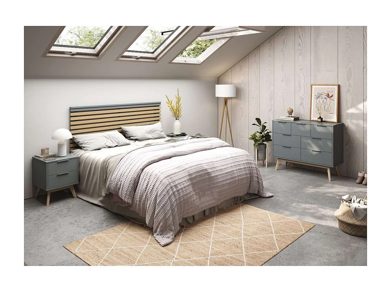 Cabecero para cama matrimonio Estela acabado verde kaki/cera blanca, fondo: 5cm  Ancho: 16