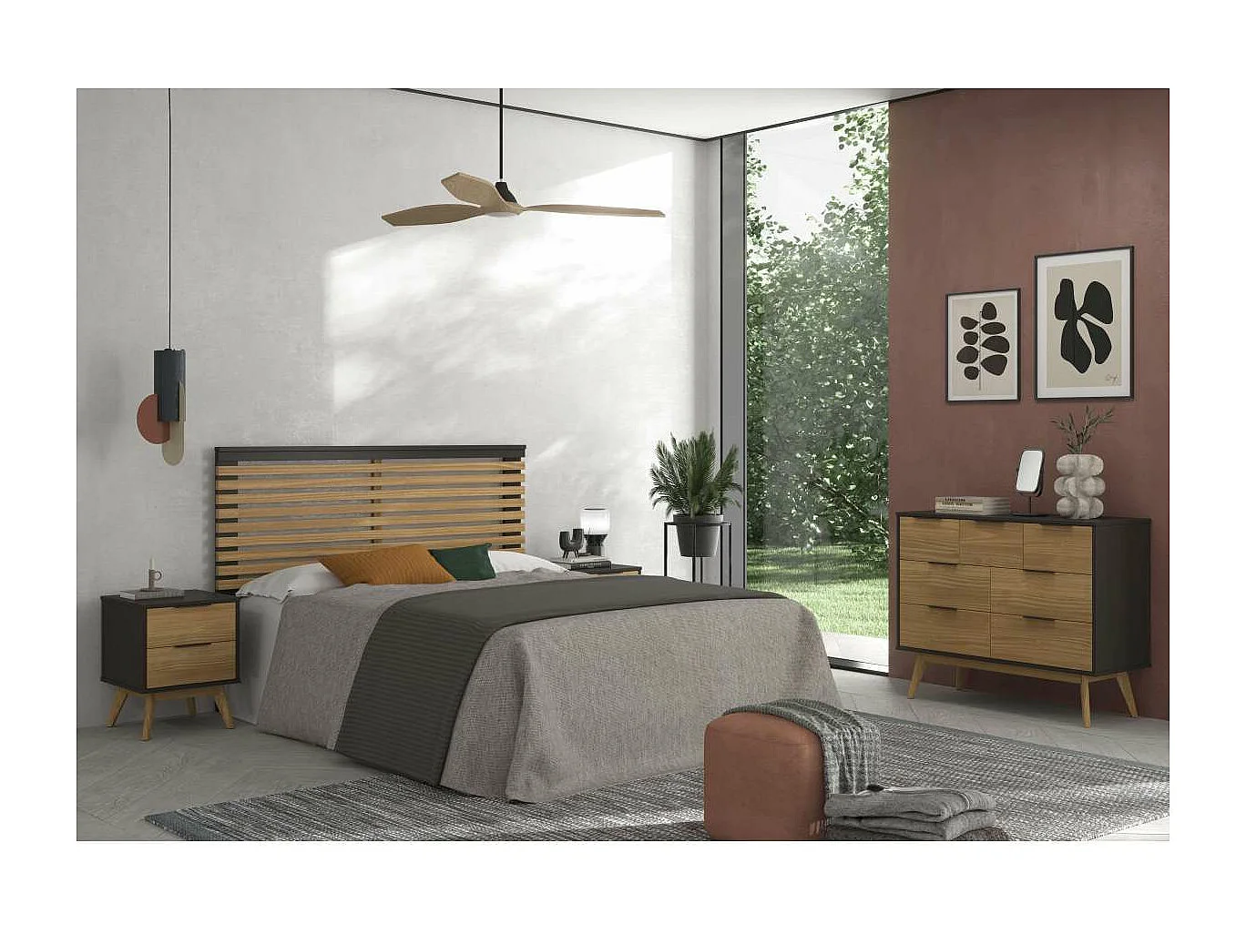 Cabecero para cama matrimonio Julen acabado bocamina/cera, fondo: 5cm  Ancho: 163cm  Alto: