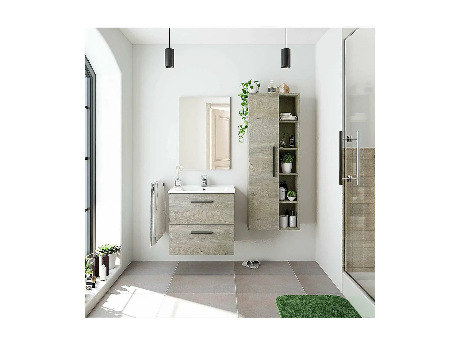 Columna suspendida Buñol para baño con una puerta y estantes acabado roble 135 cm(alto)