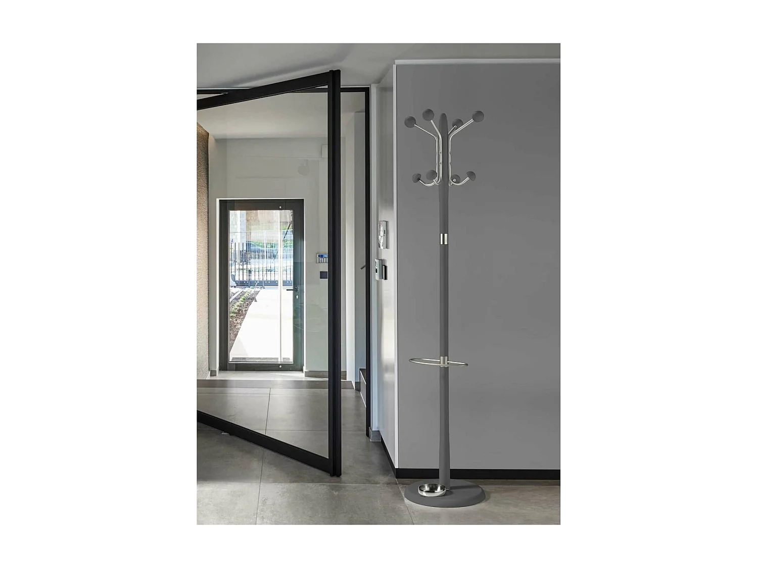 Perchero mod. 421 con paragüero herrajes en cromo satinado lacado gris, 180 cm(alto)37 cm