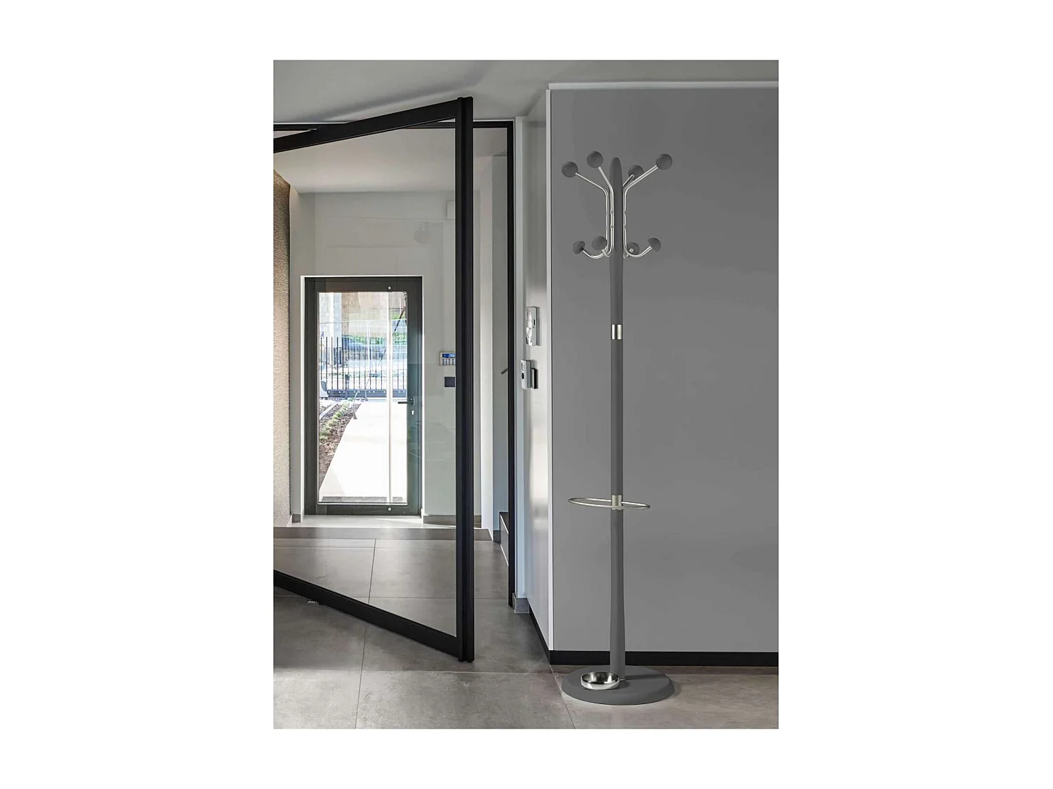 Perchero mod. 421 con paragüero herrajes en cromo satinado lacado gris, 180 cm(alto)37 cm