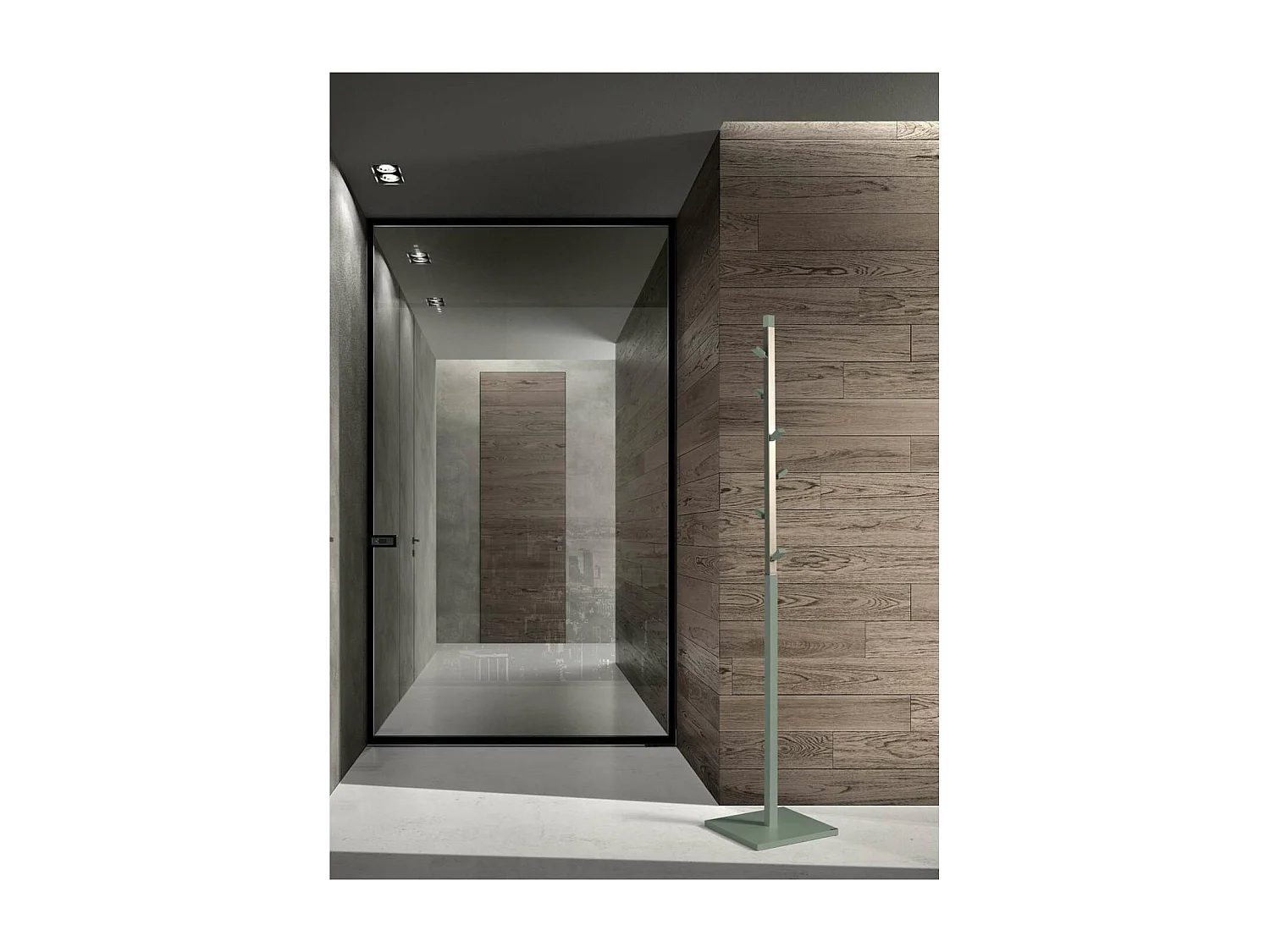 Perchero moderno mod. 428 herrajes en cromo satinado lacado verde, 180 cm(alto)34 cm(ancho