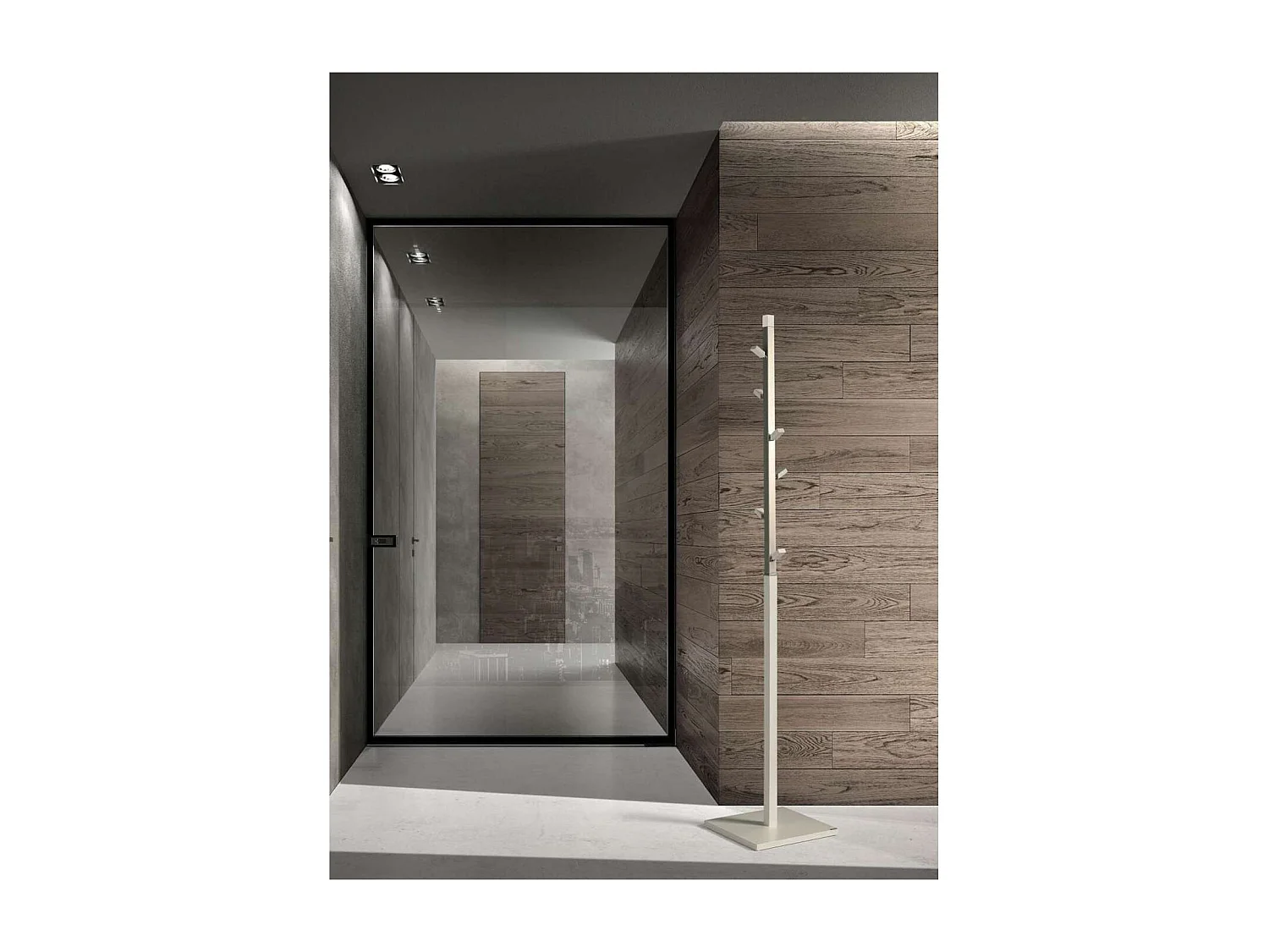 Perchero moderno mod. 428 herrajes en cromo satinado lacado visón, 180 cm(alto)34 cm(anch