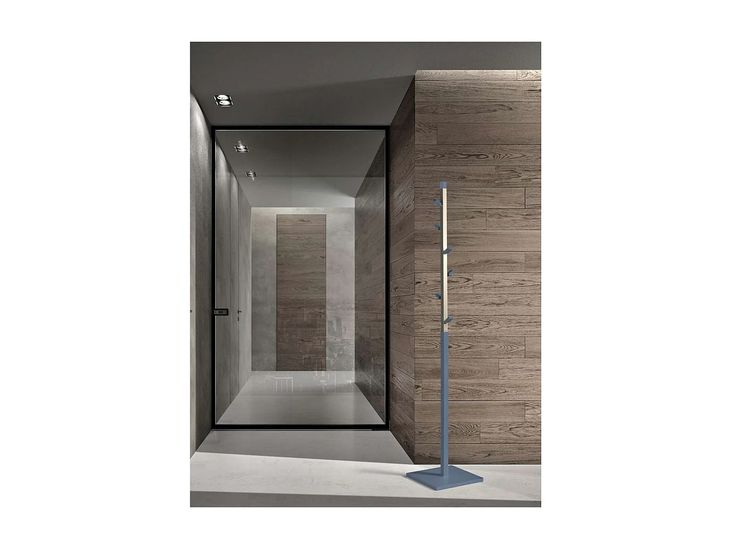 Perchero moderno mod. 428 herrajes en cromo satinado lacado azul, 180 cm(alto)34 cm(ancho)