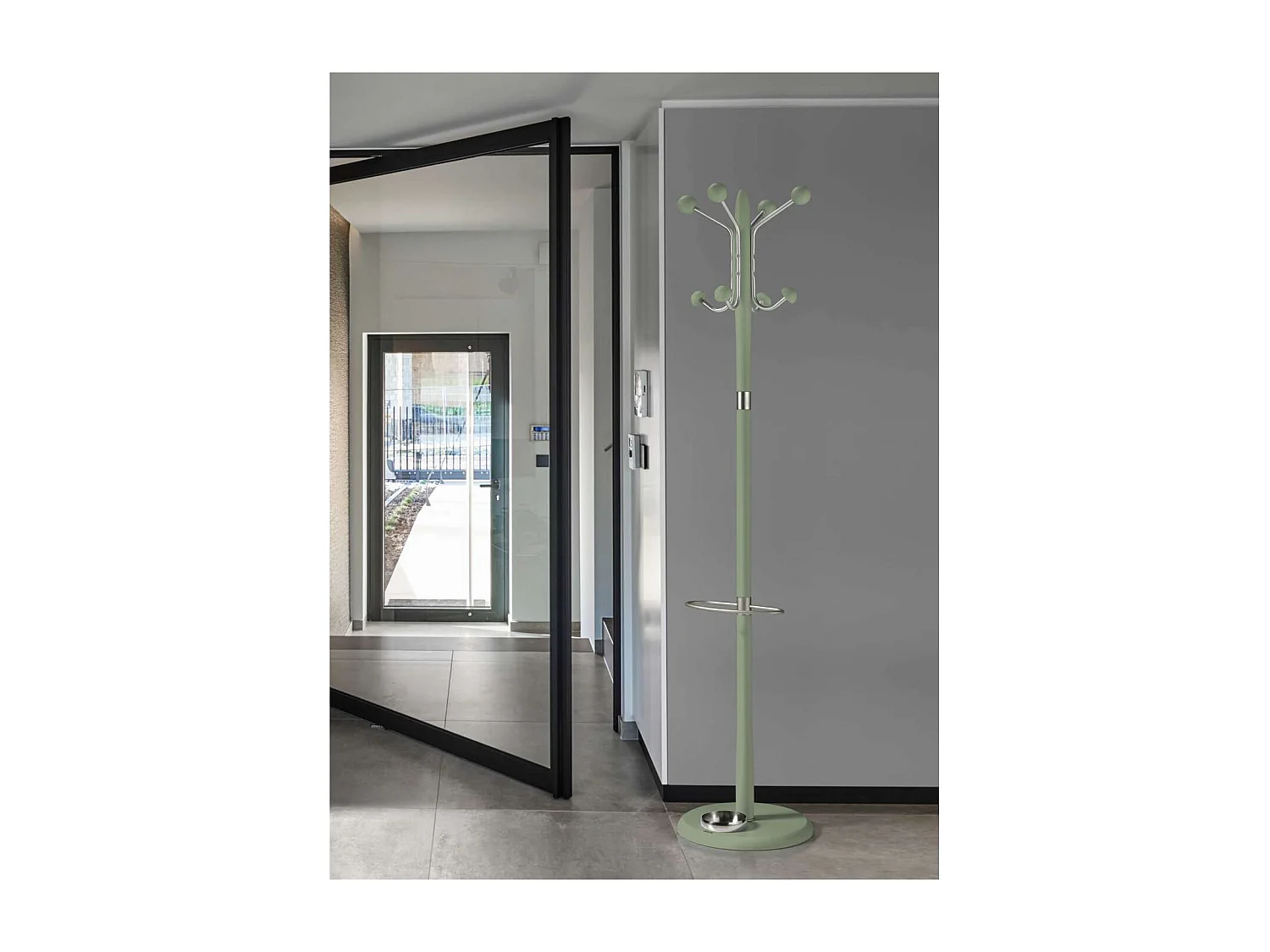 Perchero mod. 421 con paragüero herrajes en cromo satinado lacado verde, 180 cm(alto)37 c