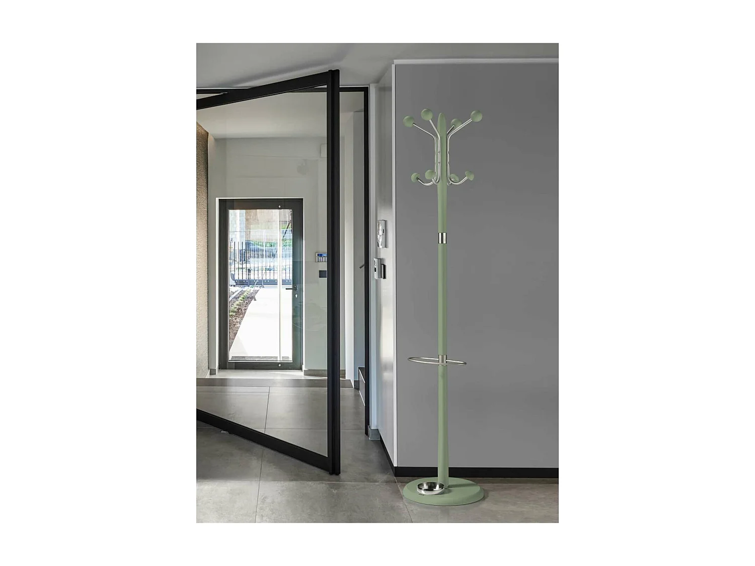 Perchero mod. 421 con paragüero herrajes en cromo satinado lacado verde, 180 cm(alto)37 c
