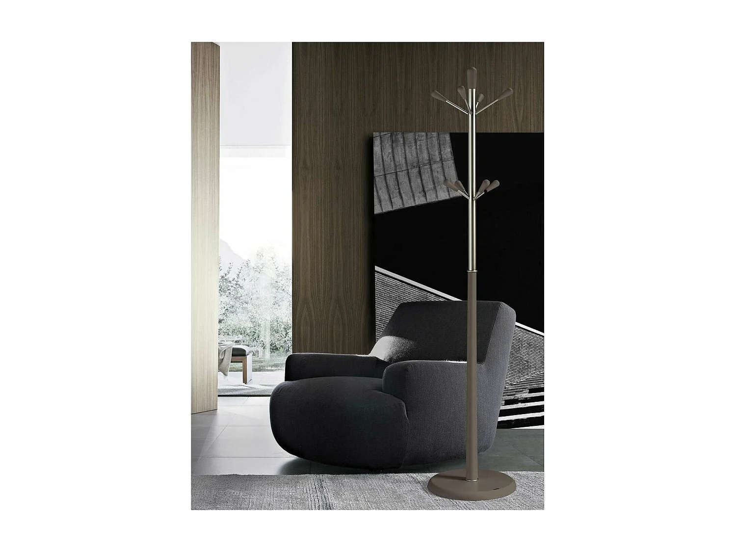 Perchero moderno mod. 414  herrajes cromo satinado lacado moka, 180 cm(alto)37 cm(ancho)37