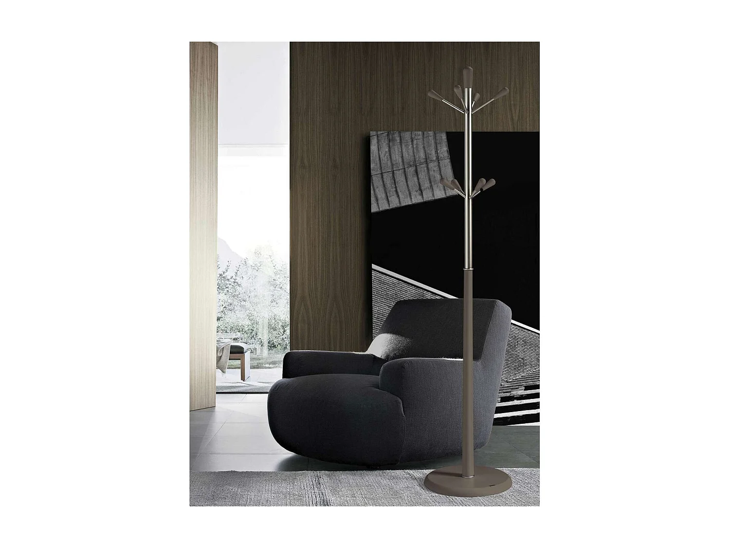 Perchero moderno mod. 414  herrajes cromo satinado lacado moka, 180 cm(alto)37 cm(ancho)37