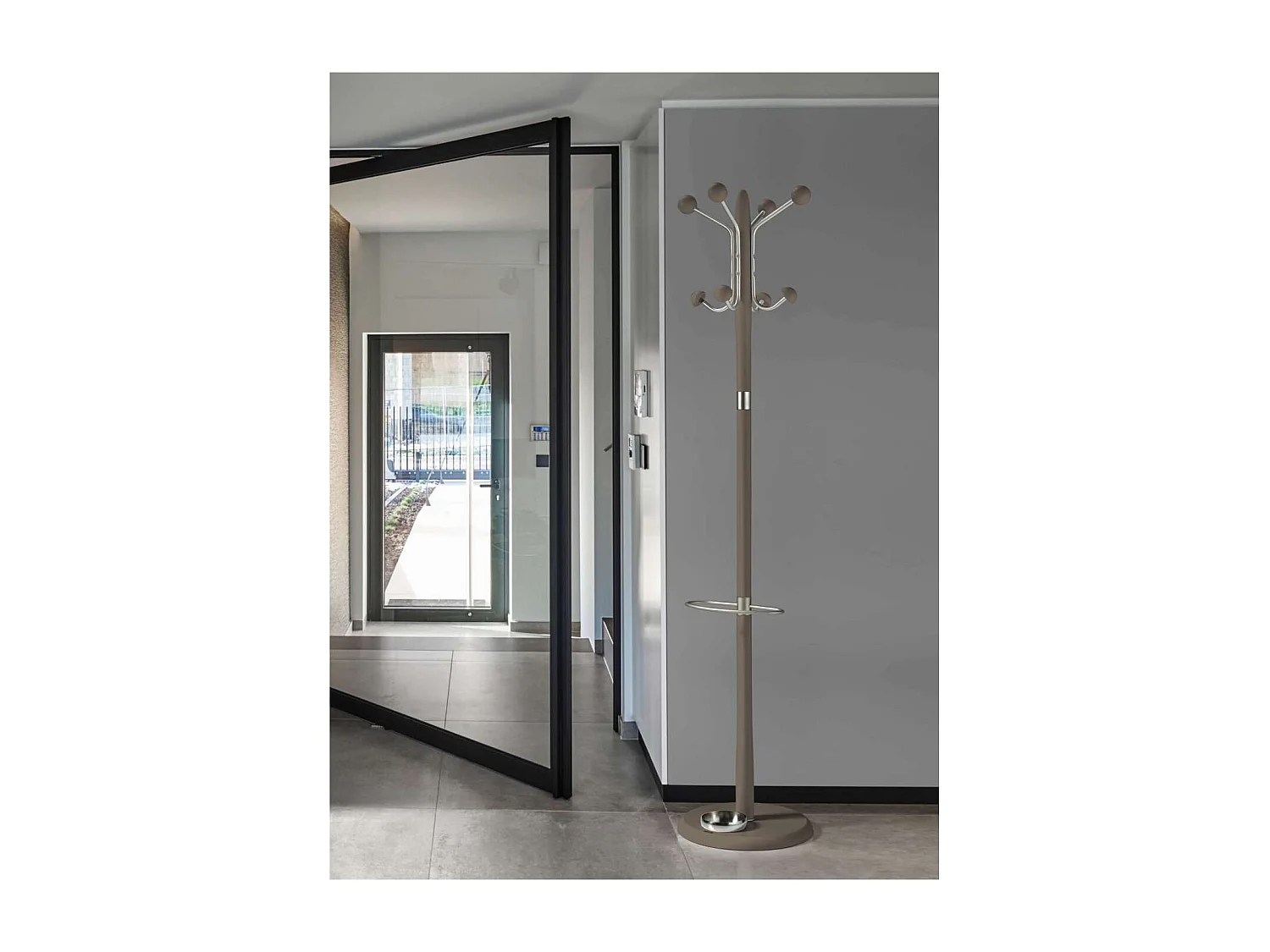 Perchero mod. 421 con paragüero herrajes en cromo satinado lacado moka, 180 cm(alto)37 cm