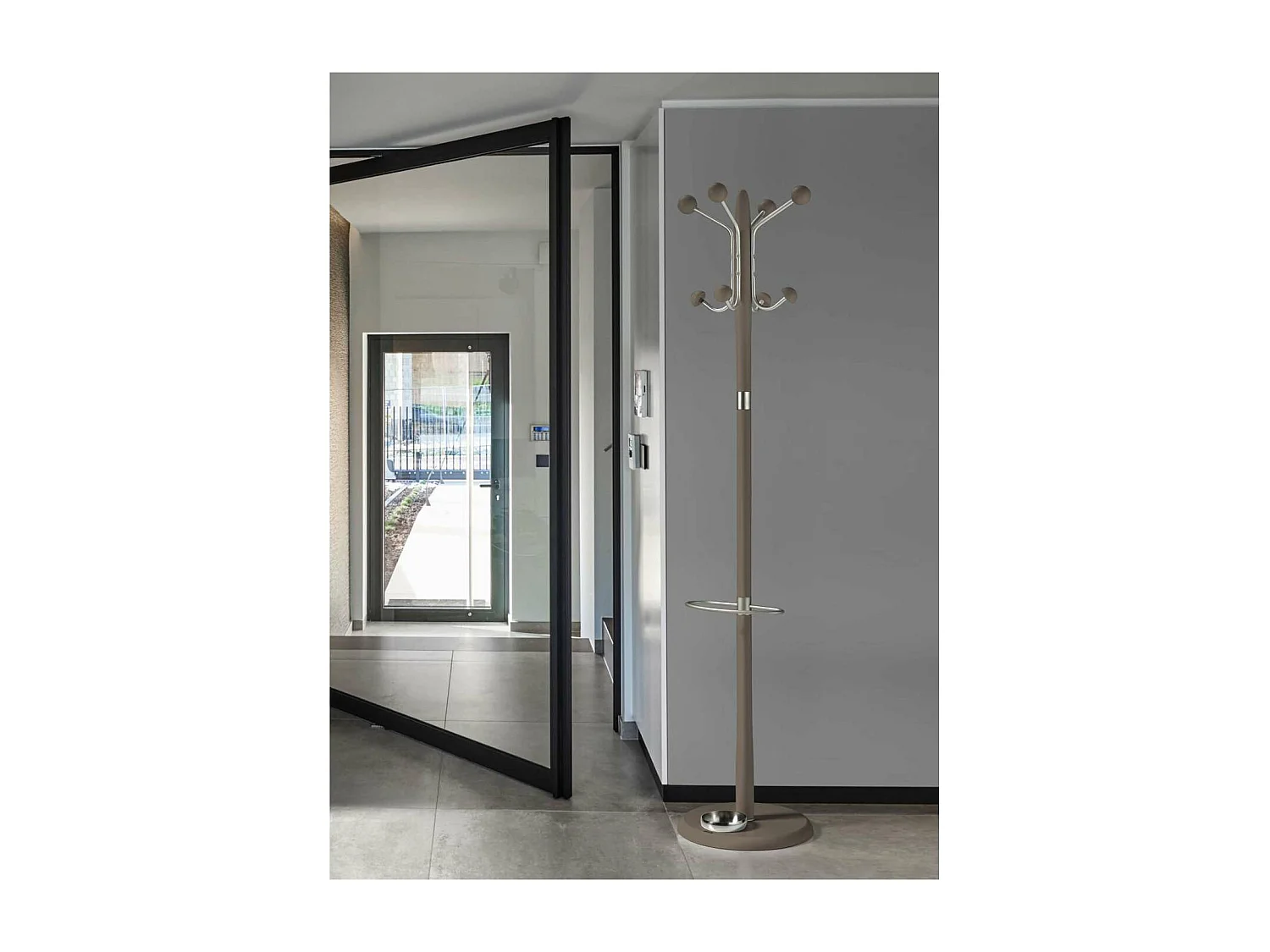 Perchero mod. 421 con paragüero herrajes en cromo satinado lacado moka, 180 cm(alto)37 cm