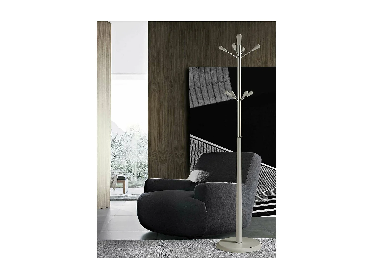 Perchero moderno mod. 414  herrajes cromo satinado lacado visón, 180 cm(alto)37 cm(ancho)