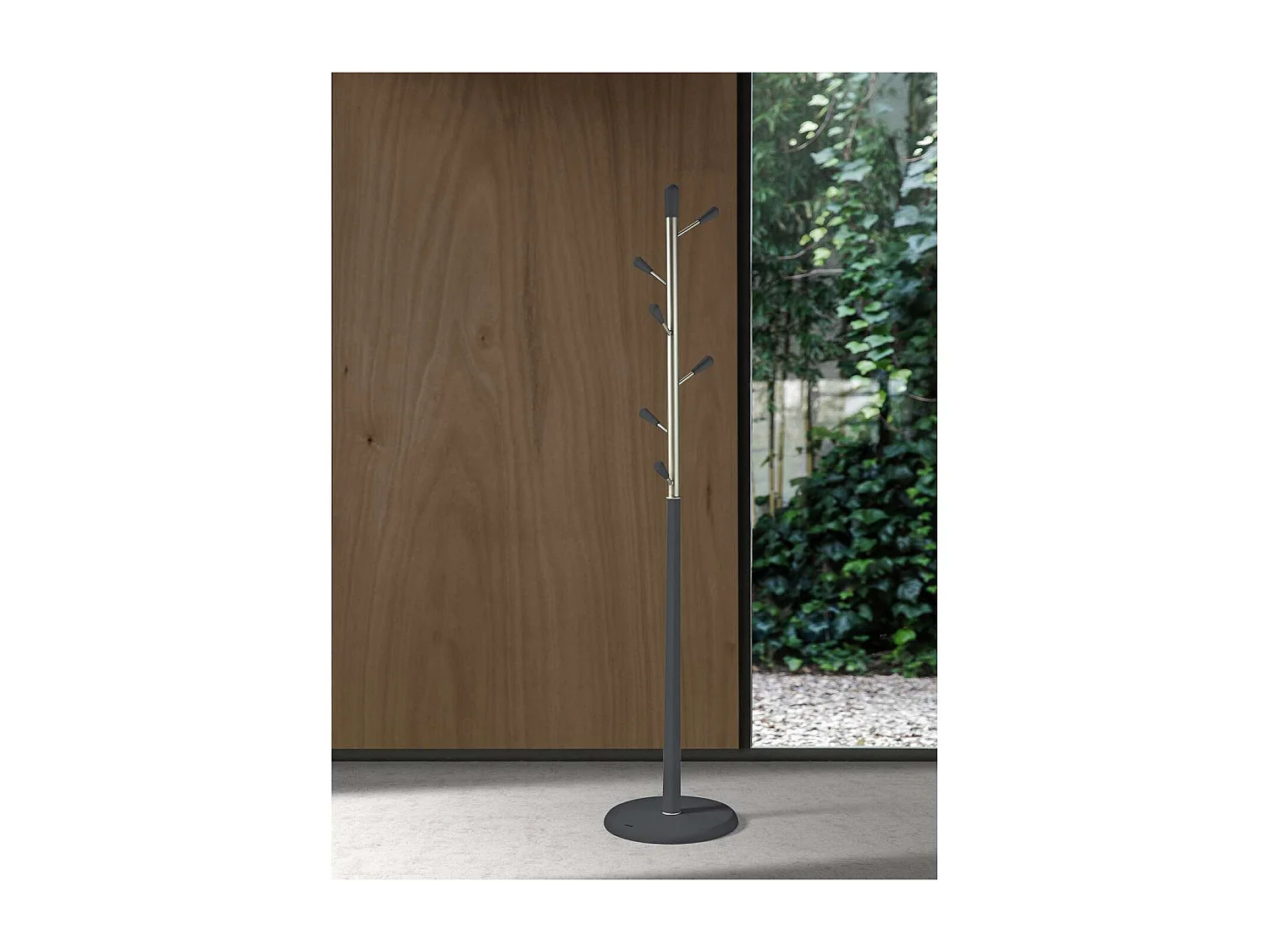 Perchero moderno mod. 413 herrajes en cromo satinado lacado azabache, 190 cm(alto)37 cm(an
