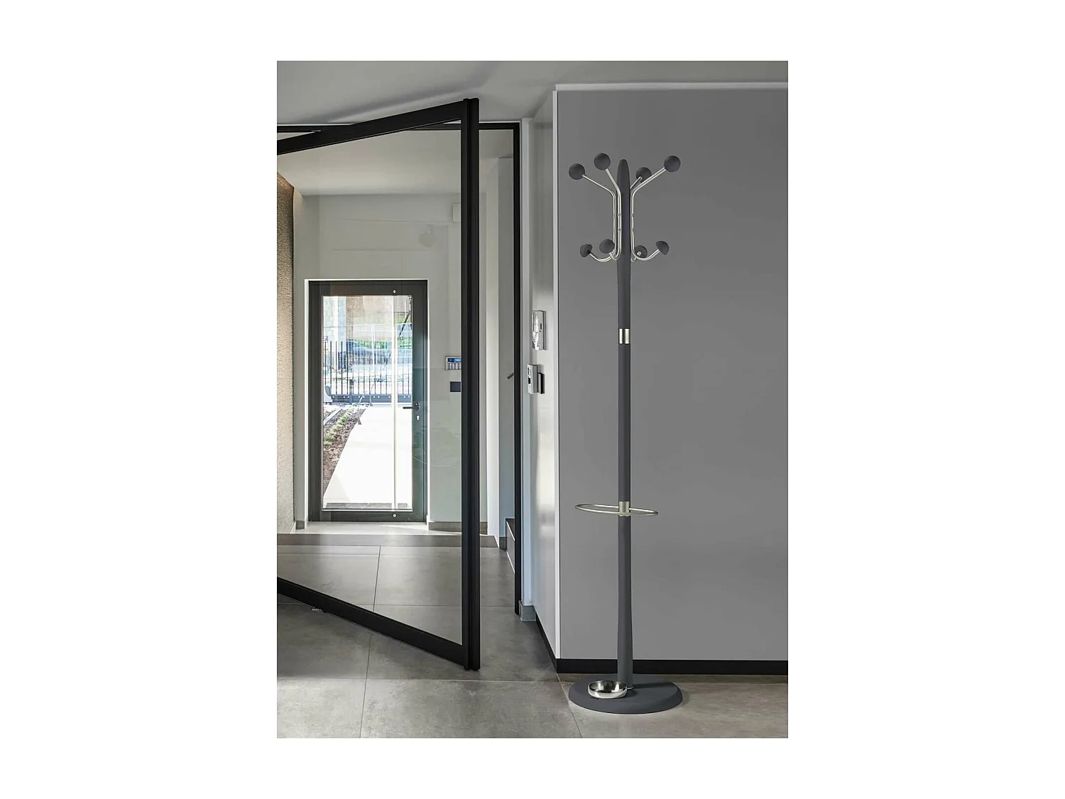 Perchero mod. 421 con paragüero herrajes en cromo satinado lacado azabache, 180 cm(alto)3